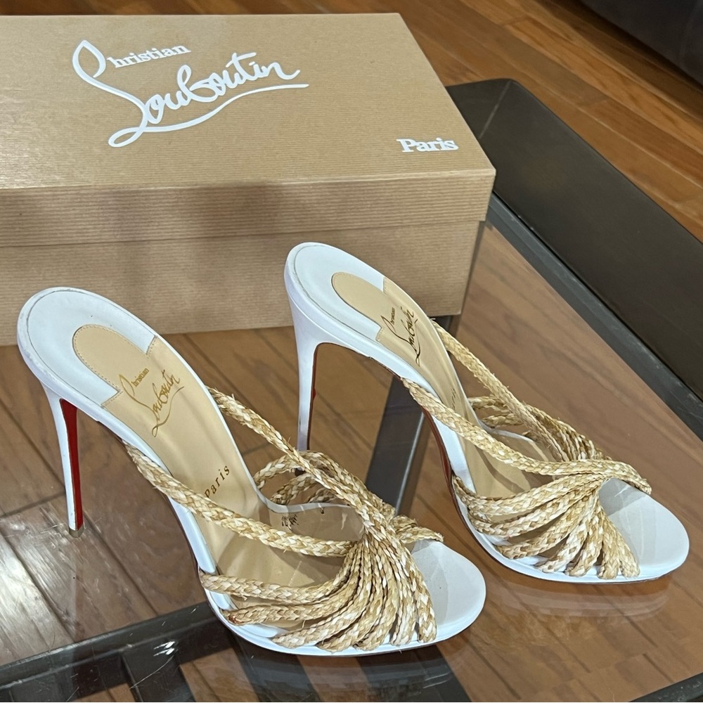 Christian Louboutin White and Tan Strappy Heels